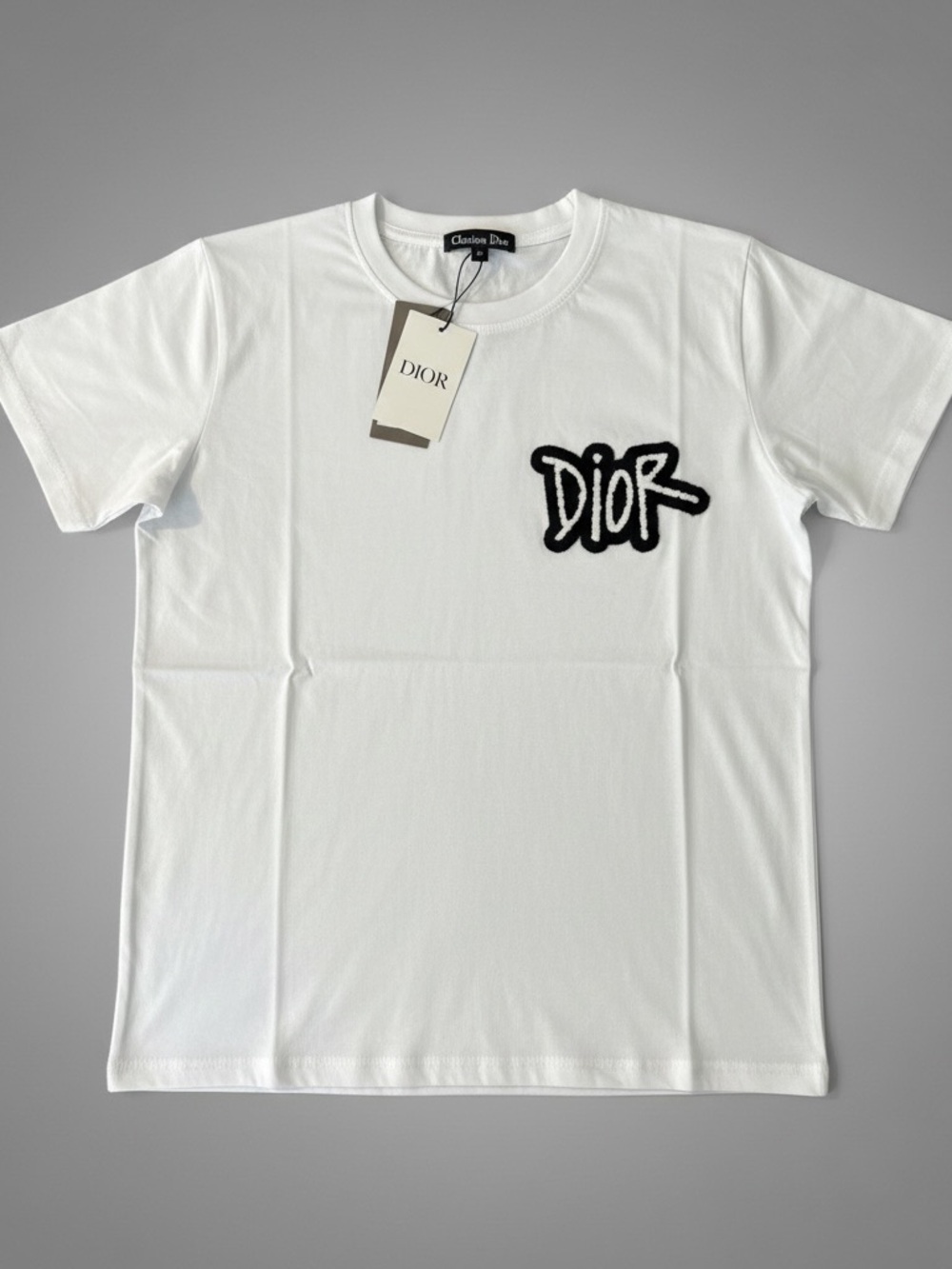 Dior White Crewneck Tee with Black Script Patch